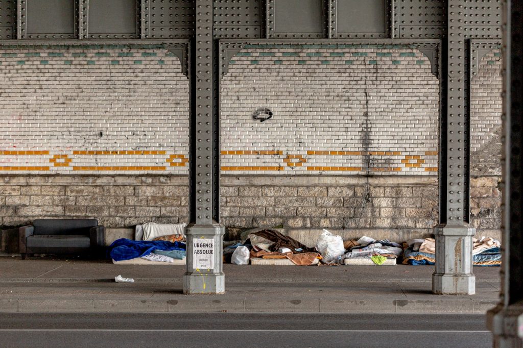 Homeless people beds under the bridge